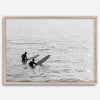 Black and white photo of two surfers with longboards waiting in calm ocean water – fine art surf photography print