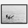 Black and white photo of two surfers with longboards waiting in calm ocean water – fine art surf photography print