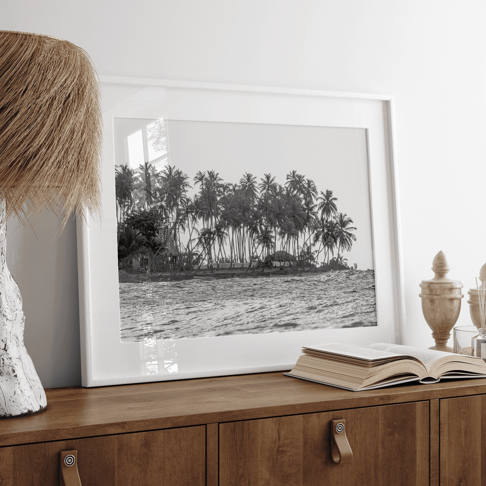 Black and white photo of a palm tree-covered Caribbean island in the Dominican Republic – tropical fine art photography print