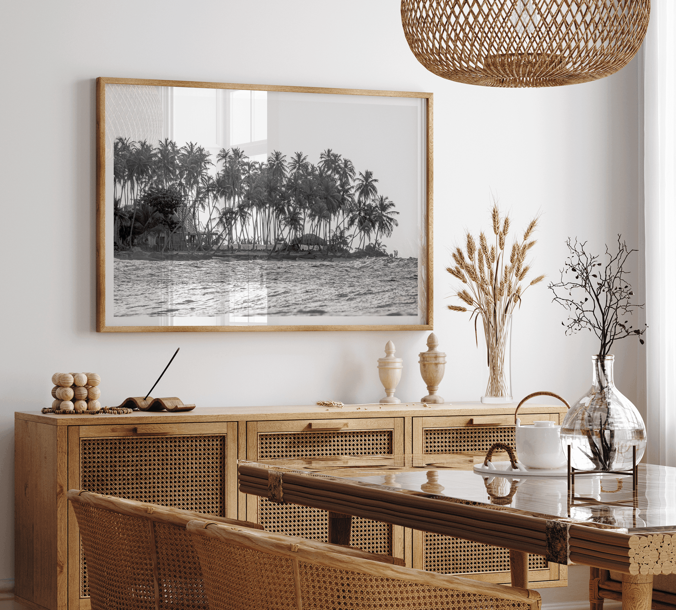 Black and white photo of a palm tree-covered Caribbean island in the Dominican Republic – tropical fine art photography print