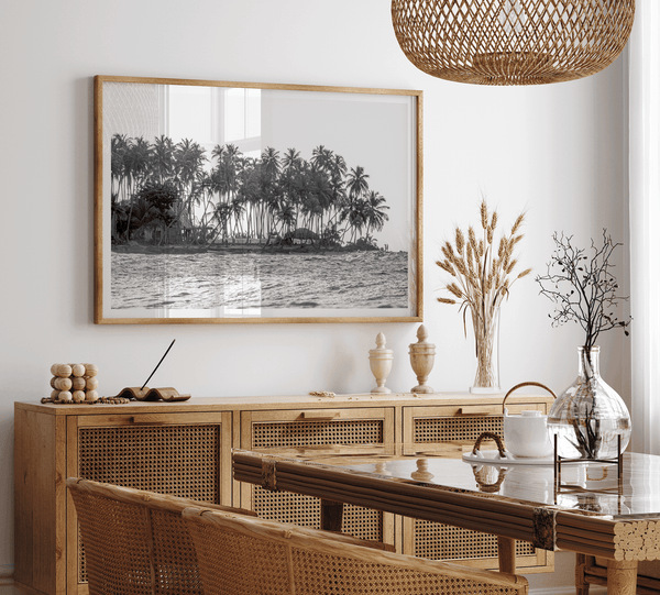 Black and white photo of a palm tree-covered Caribbean island in the Dominican Republic – tropical fine art photography print