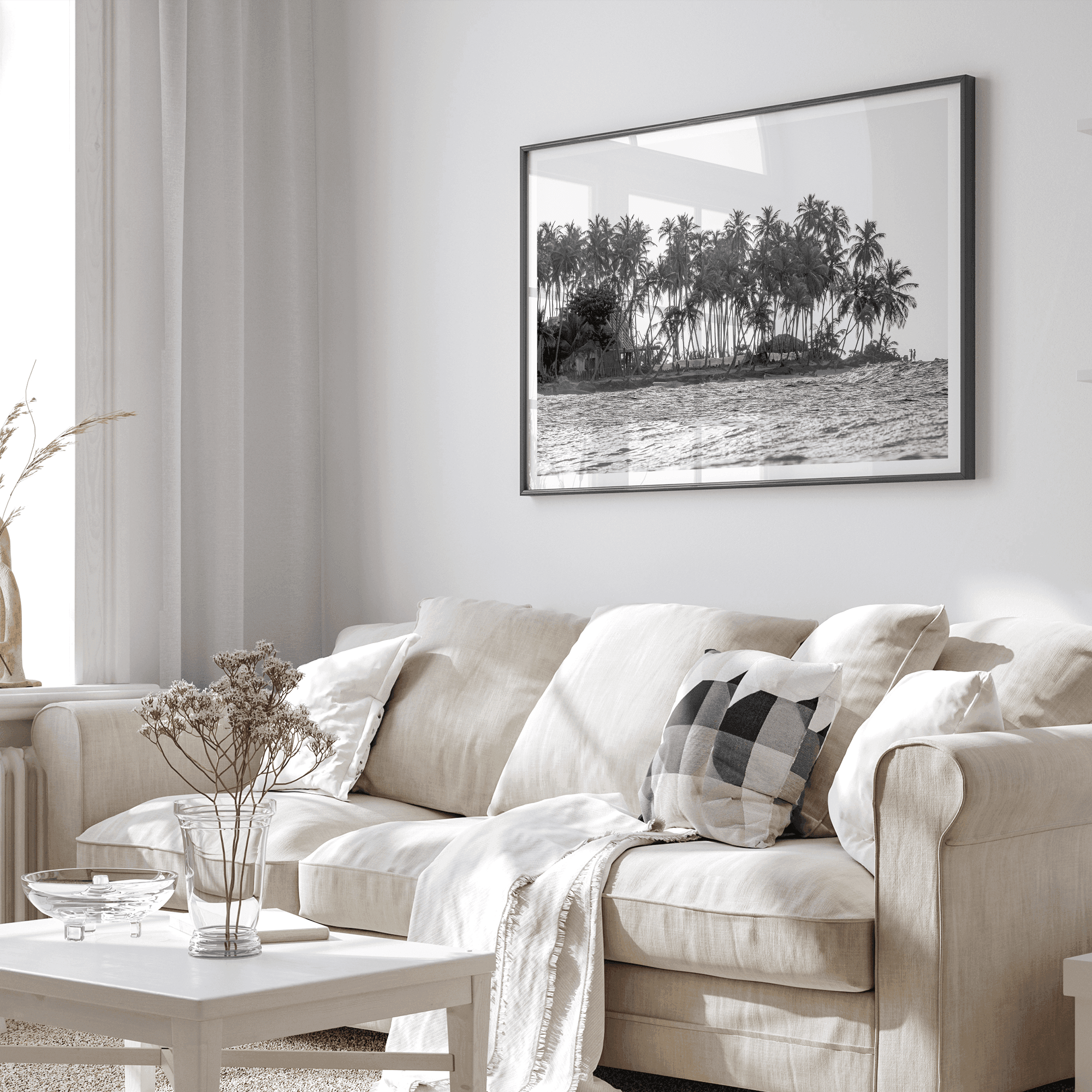 Black and white photo of a palm tree-covered Caribbean island in the Dominican Republic – tropical fine art photography print