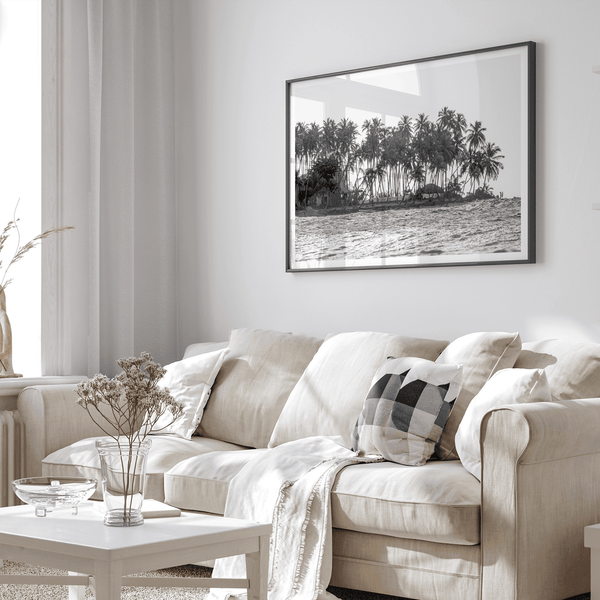 Black and white photo of a palm tree-covered Caribbean island in the Dominican Republic – tropical fine art photography print