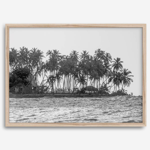 Black and white photo of a palm tree-covered Caribbean island in the Dominican Republic – tropical fine art photography print
