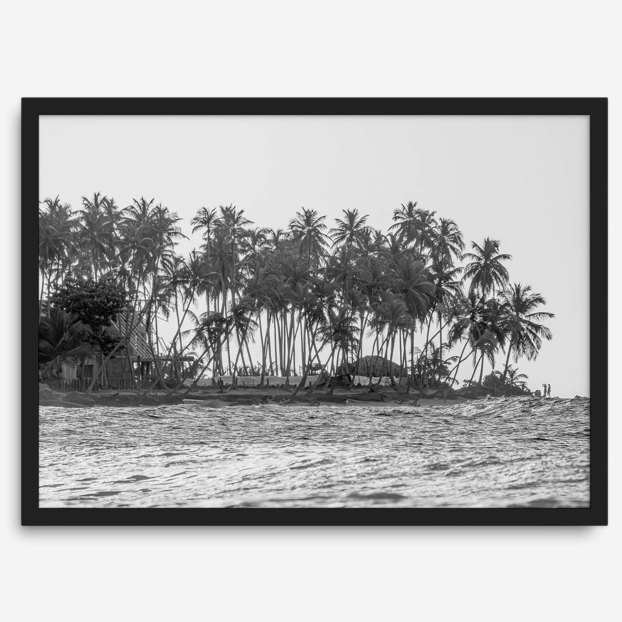 Black and white photo of a palm tree-covered Caribbean island in the Dominican Republic – tropical fine art photography print
