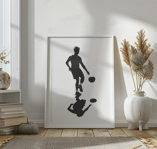 Black and white basketball wall art featuring a silhouetted player and reflective composition in minimalist fine art photography.