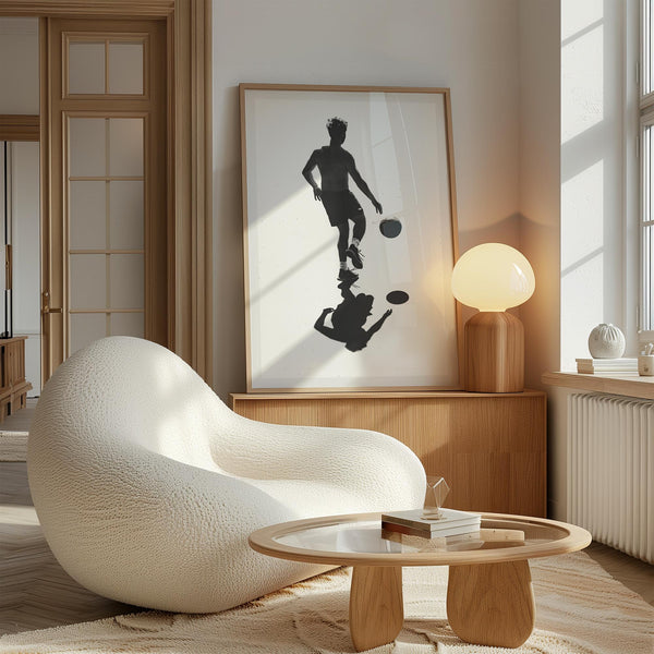 Black and white basketball wall art featuring a silhouetted player and reflective composition in minimalist fine art photography.