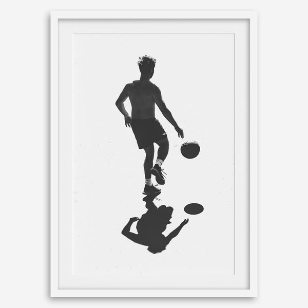 Black and white basketball wall art featuring a silhouetted player and reflective composition in minimalist fine art photography.