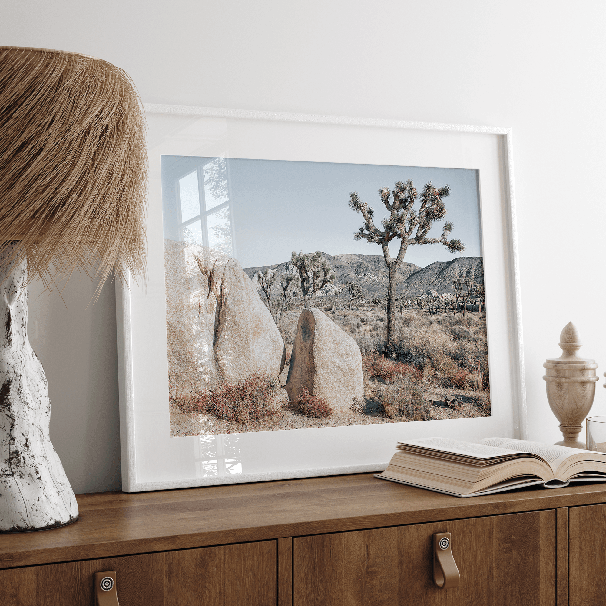Boho Desert Wall Art featuring a serene Joshua Tree landscape with rugged boulders, golden grasses, and a clear sky, perfect for modern rustic decor.