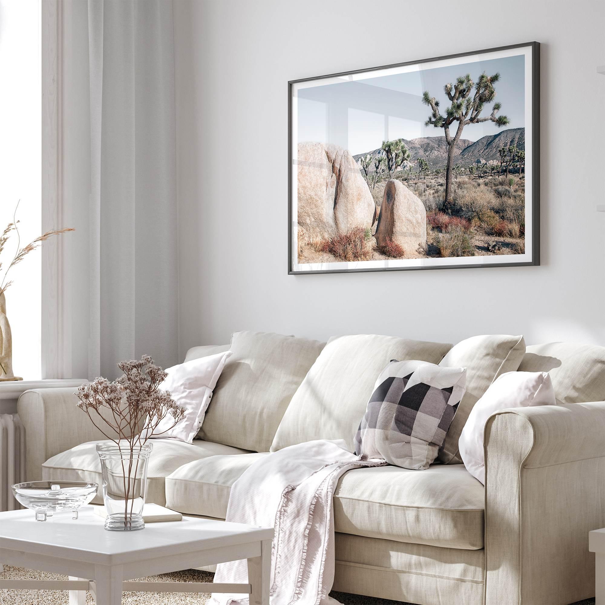 Boho Desert Wall Art featuring a serene Joshua Tree landscape with rugged boulders, golden grasses, and a clear sky, perfect for modern rustic decor.