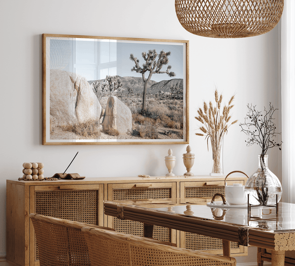 Boho Desert Wall Art featuring a serene Joshua Tree landscape with rugged boulders, golden grasses, and a clear sky, perfect for modern rustic decor.
