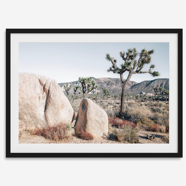 Boho Desert Wall Art featuring a serene Joshua Tree landscape with rugged boulders, golden grasses, and a clear sky, perfect for modern rustic decor.