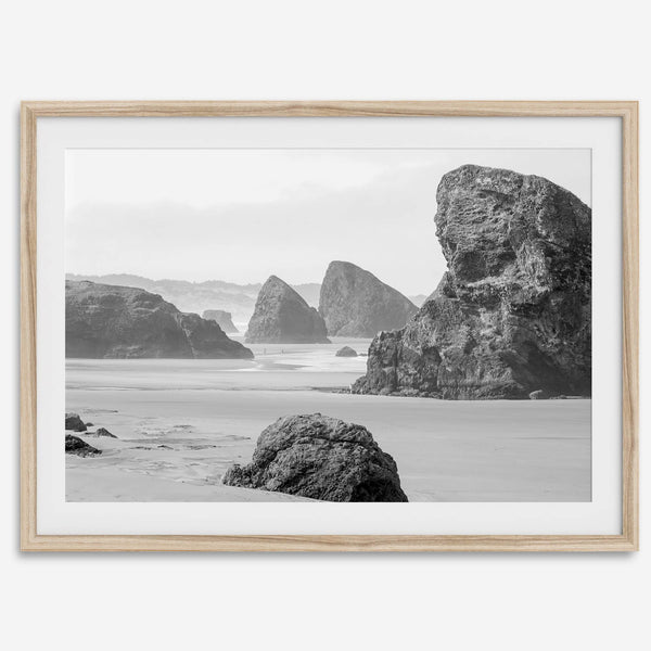 Black and white beach art print featuring sea stacks at Meyers Creek Beach, Oregon. Monochrome coastal photography for modern and coastal décor.
