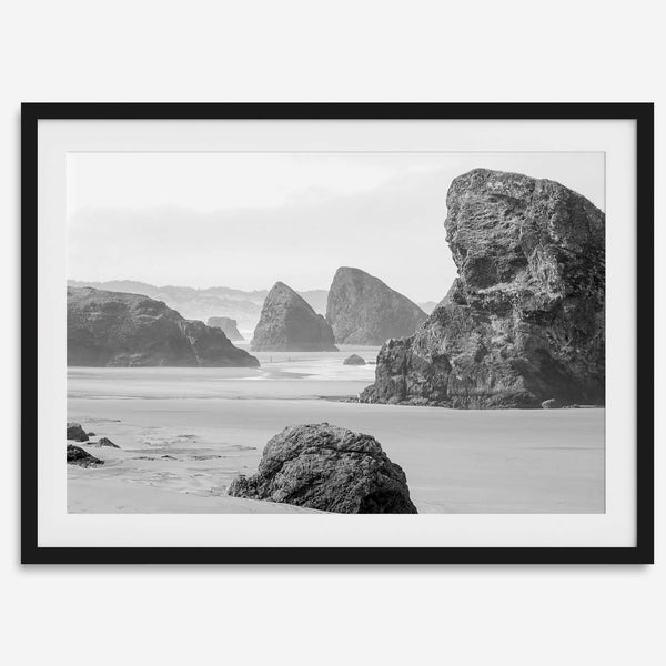 Black and white beach art print featuring sea stacks at Meyers Creek Beach, Oregon. Monochrome coastal photography for modern and coastal décor.