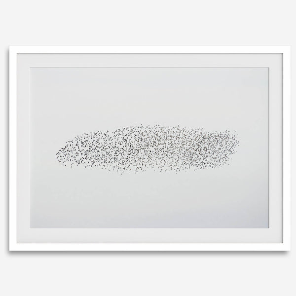 An abstract nature photography landscape photography print featuring a murmuration of starlings in an abstract formation against the sky, capturing minimalist beauty.