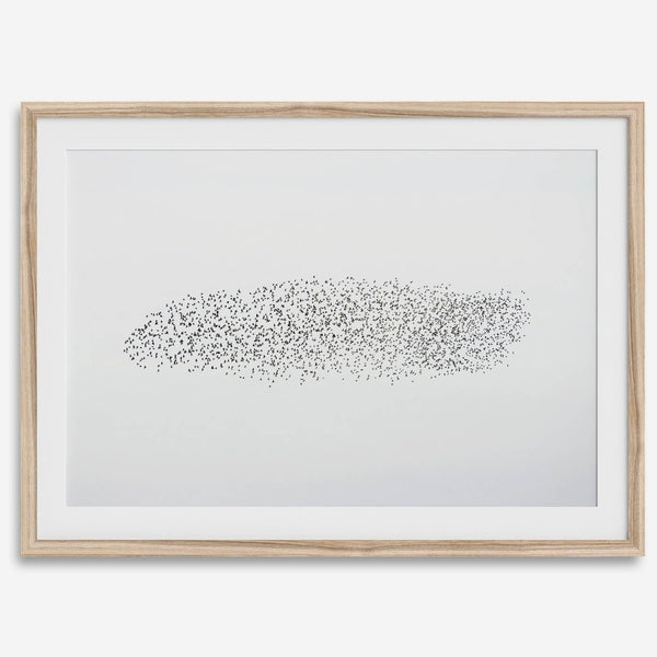 An abstract nature photography landscape photography print featuring a murmuration of starlings in an abstract formation against the sky, capturing minimalist beauty.