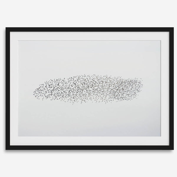 An abstract nature photography landscape photography print featuring a murmuration of starlings in an abstract formation against the sky, capturing minimalist beauty.
