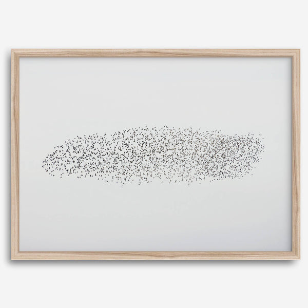 An abstract nature photography landscape photography print featuring a murmuration of starlings in an abstract formation against the sky, capturing minimalist beauty.