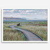 Framed Mono Lake nature photography print featuring a winding boardwalk through tall grasses, leading to a quiet bench beside the lake with mountains in the background.