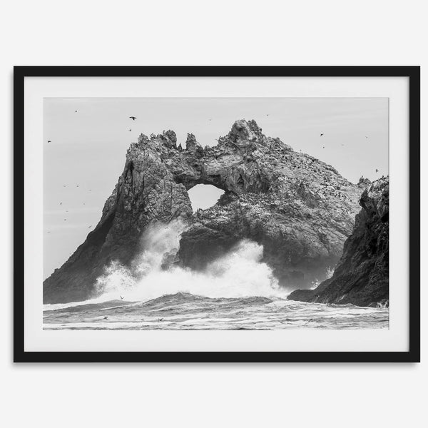 A fine art dramatic moody beach print featuring the stunning Farallon Islands near San Francisco with waves crashing against the rocks and hundreds of birds flying around.