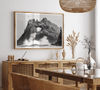 A fine art dramatic moody beach print featuring the stunning Farallon Islands near San Francisco with waves crashing against the rocks and hundreds of birds flying around.