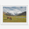 This stunning piece of mountain Horse wall art was taken in Peru and showcases beautiful snow-covered mountains and grassy meadows in Peru and a charming horse grazing relaxingly in the forefront of the picture.