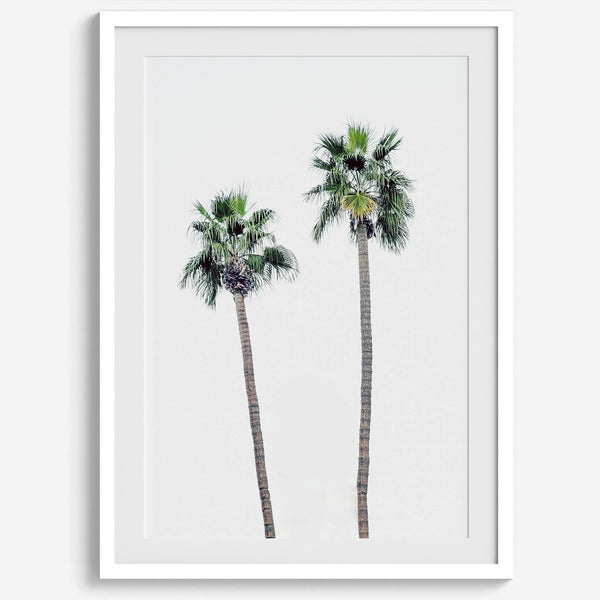 Minimalist fine art beach photography print of two tall palm trees against a white sky. Coastal decor.