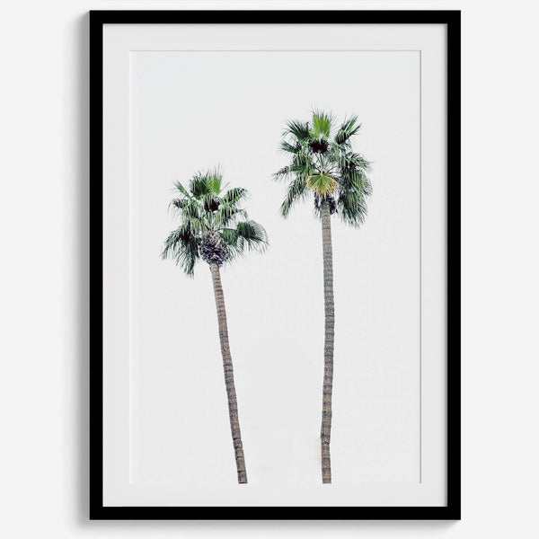Minimalist fine art beach photography print of two tall palm trees against a white sky. Coastal decor.