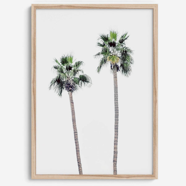 Minimalist fine art beach photography print of two tall palm trees against a white sky. Coastal decor.