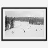 Framed black-and-white ski wall art showing skiers at a snowy resort in Lake Tahoe