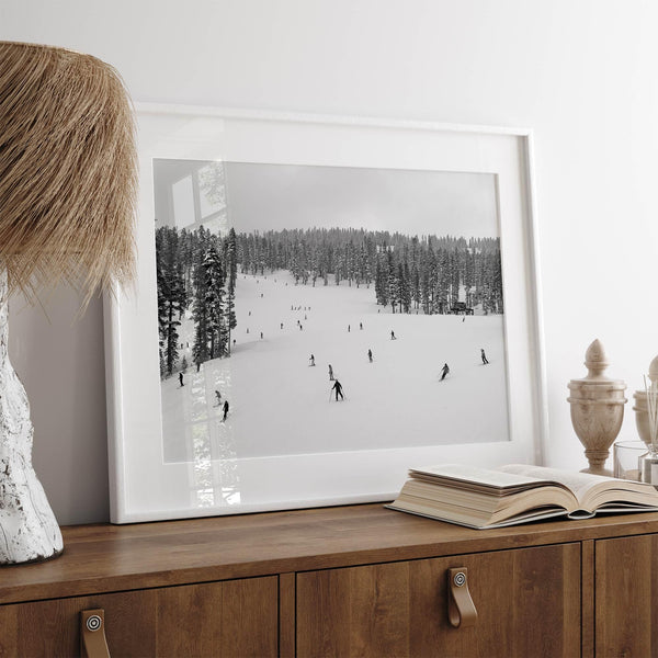 Framed black-and-white ski wall art showing skiers at Northstar resort in Lake Tahoe