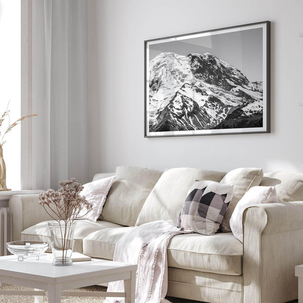 Zoom into the 14,411 ft summit of Mount Rainier with this minimalist black and white mountain photography print featuring a close-up of the snowy mountain peak in Washington State.