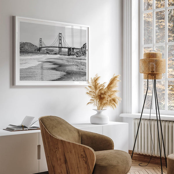 Fine art black and white print of Golden Gate Bridge from Baker Beach, San Francisco. Bridge with reflection in beach surf. Framed or unframed option available
