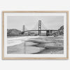 Fine art black and white print of Golden Gate Bridge from Baker Beach, San Francisco. Bridge with reflection in beach surf. Framed or unframed option available