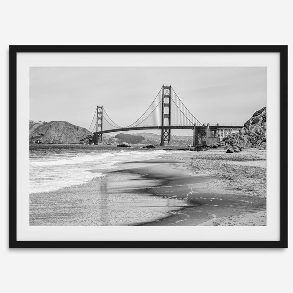 Fine art black and white print of Golden Gate Bridge from Baker Beach, San Francisco. Bridge with reflection in beach surf. Framed or unframed option available
