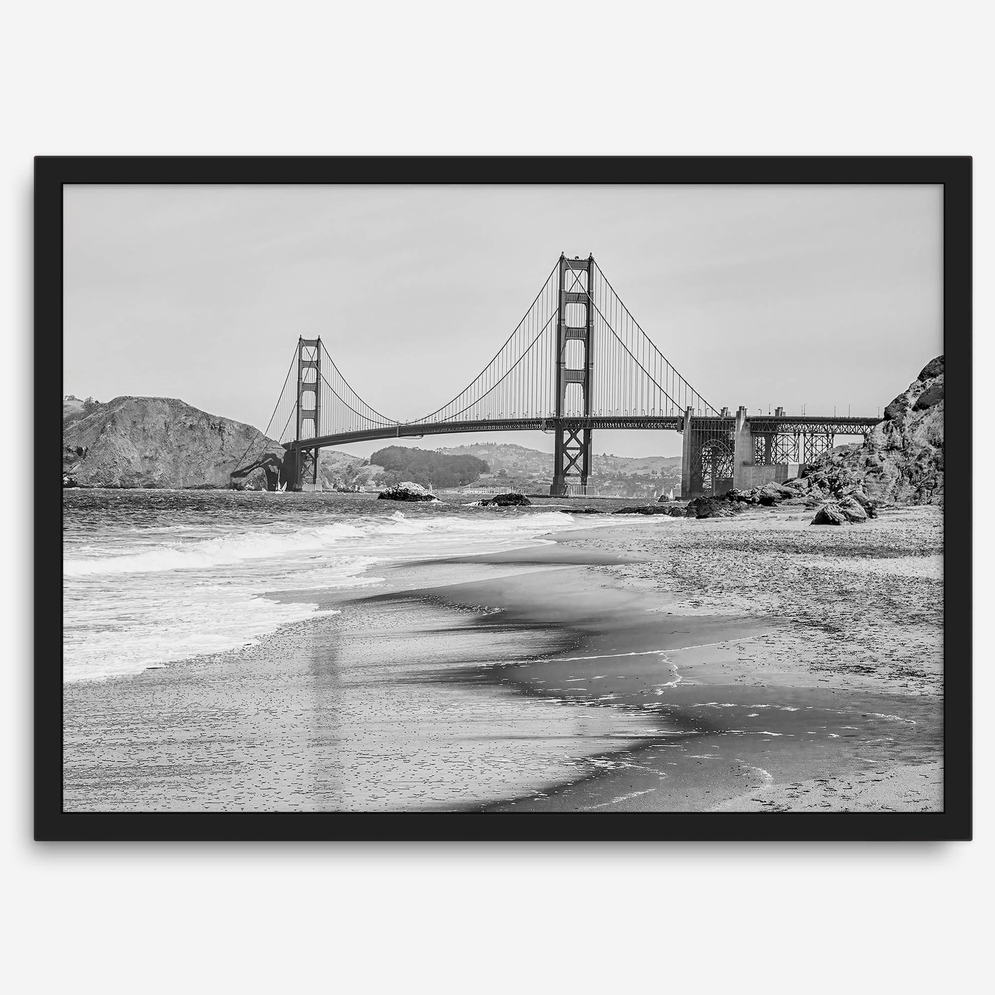 Fine art black and white print of Golden Gate Bridge from Baker Beach, San Francisco. Bridge with reflection in beach surf. Framed or unframed option available