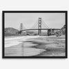 Fine art black and white print of Golden Gate Bridge from Baker Beach, San Francisco. Bridge with reflection in beach surf. Framed or unframed option available