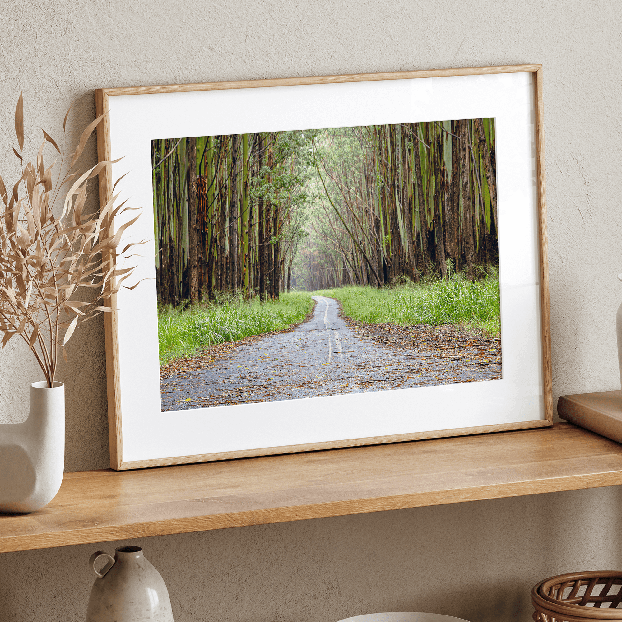 Fine art photography print of a winding road through a eucalyptus forest on the Big Island of Hawaii.
