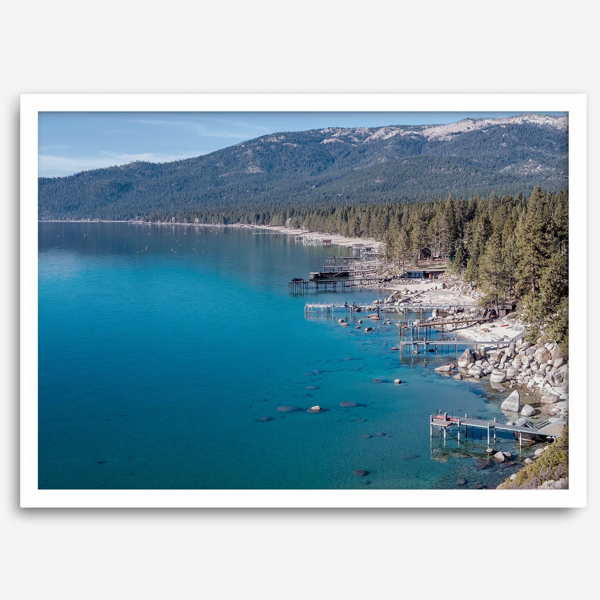 Captivating fine art print of Lake Tahoe showcasing docks, boats, beachfront, lush forest, majestic mountain, and serene waters, capturing the essence of lake life in Incline Village, Nevada.