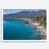 Captivating fine art print of Lake Tahoe showcasing docks, boats, beachfront, lush forest, majestic mountain, and serene waters, capturing the essence of lake life in Incline Village, Nevada.