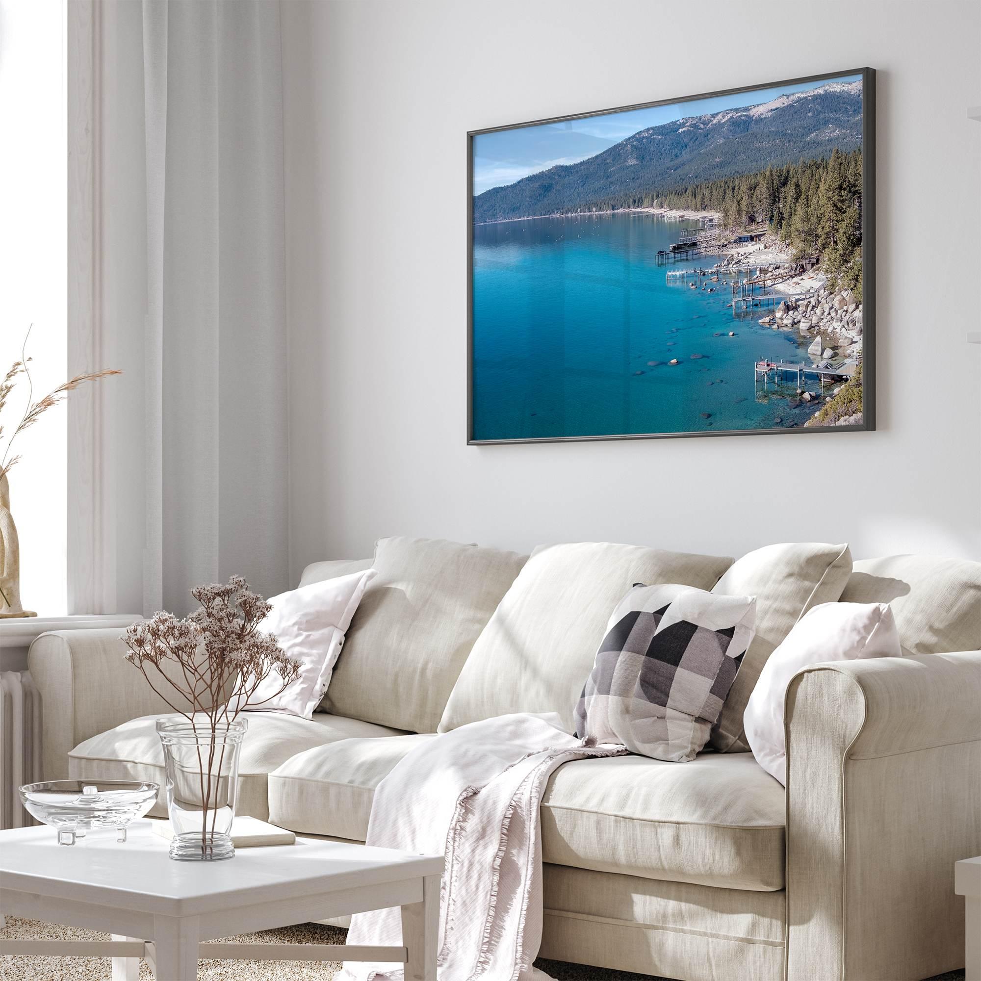 Captivating fine art print of Lake Tahoe showcasing docks, boats, beachfront, lush forest, majestic mountain, and serene waters, capturing the essence of lake life in Incline Village, Nevada.
