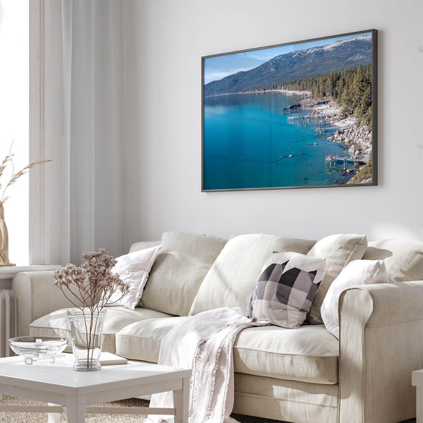 Captivating fine art print of Lake Tahoe showcasing docks, boats, beachfront, lush forest, majestic mountain, and serene waters, capturing the essence of lake life in Incline Village, Nevada.