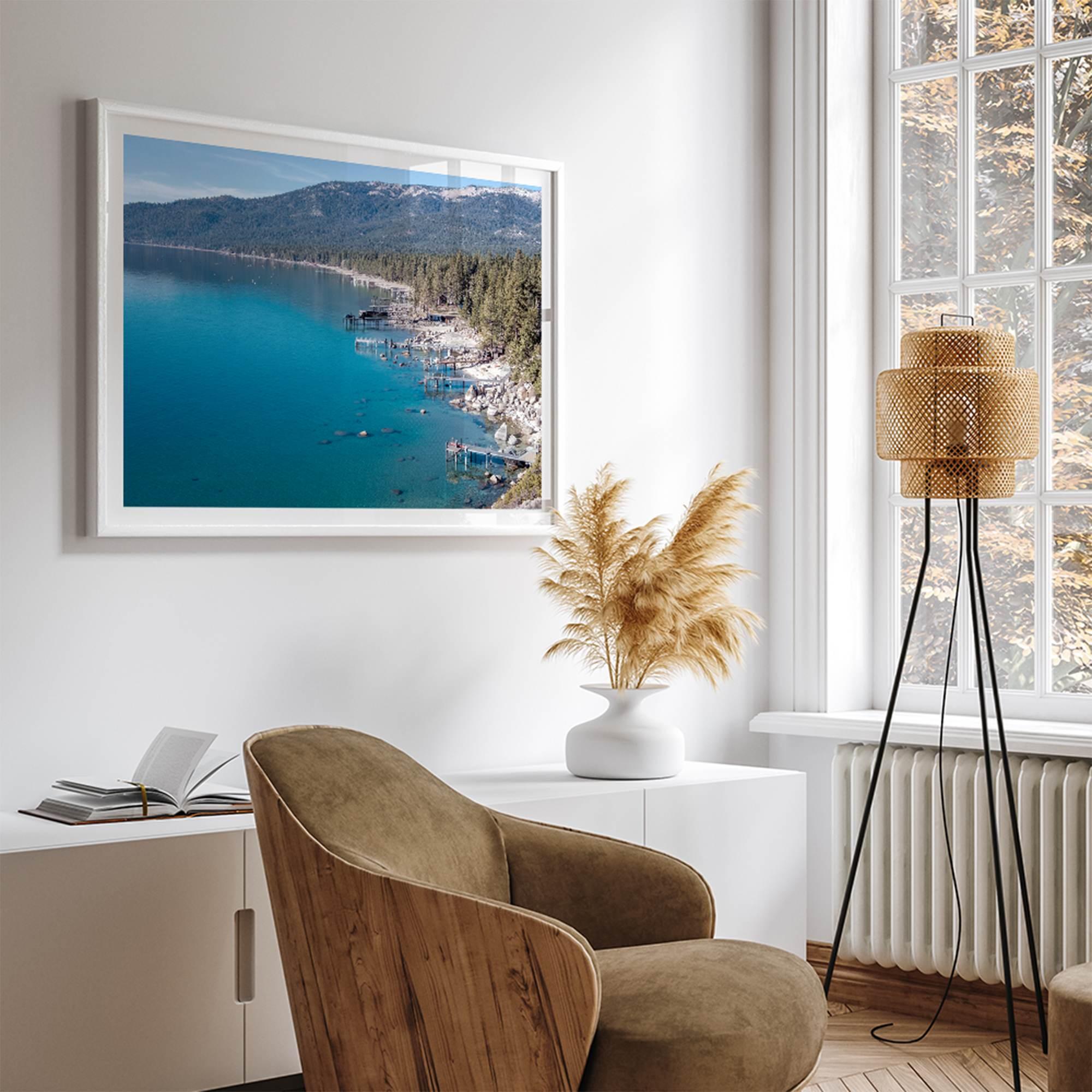 Captivating fine art print of Lake Tahoe showcasing docks, boats, beachfront, lush forest, majestic mountain, and serene waters, capturing the essence of lake life in Incline Village, Nevada.