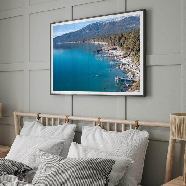 Captivating fine art print of Lake Tahoe showcasing docks, boats, beachfront, lush forest, majestic mountain, and serene waters, capturing the essence of lake life in Incline Village, Nevada.