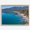 Captivating fine art print of Lake Tahoe showcasing docks, boats, beachfront, lush forest, majestic mountain, and serene waters, capturing the essence of lake life in Incline Village, Nevada.