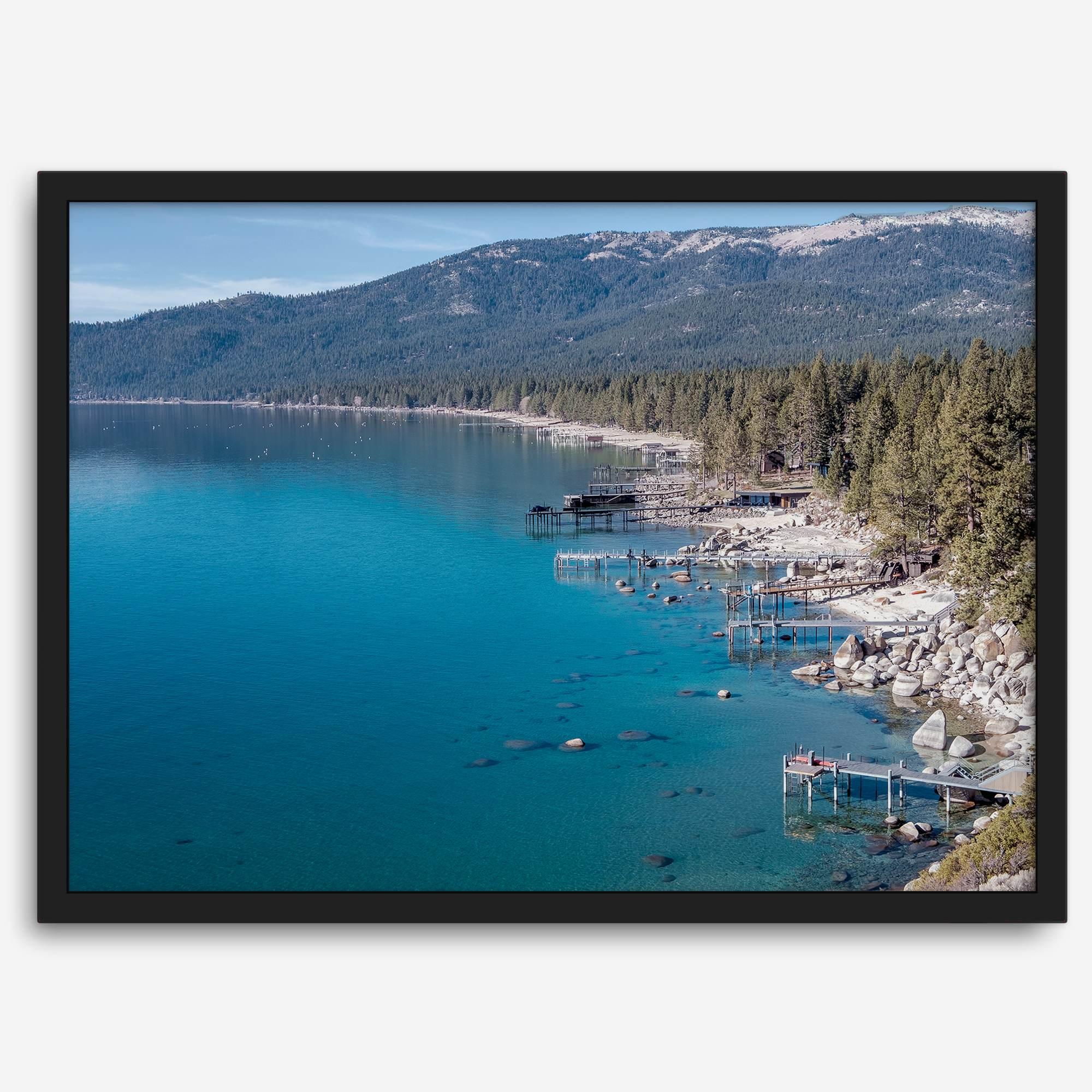 Captivating fine art print of Lake Tahoe showcasing docks, boats, beachfront, lush forest, majestic mountain, and serene waters, capturing the essence of lake life in Incline Village, Nevada.