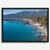 Captivating fine art print of Lake Tahoe showcasing docks, boats, beachfront, lush forest, majestic mountain, and serene waters, capturing the essence of lake life in Incline Village, Nevada.