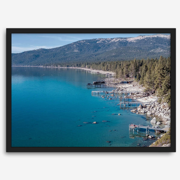 Captivating fine art print of Lake Tahoe showcasing docks, boats, beachfront, lush forest, majestic mountain, and serene waters, capturing the essence of lake life in Incline Village, Nevada.