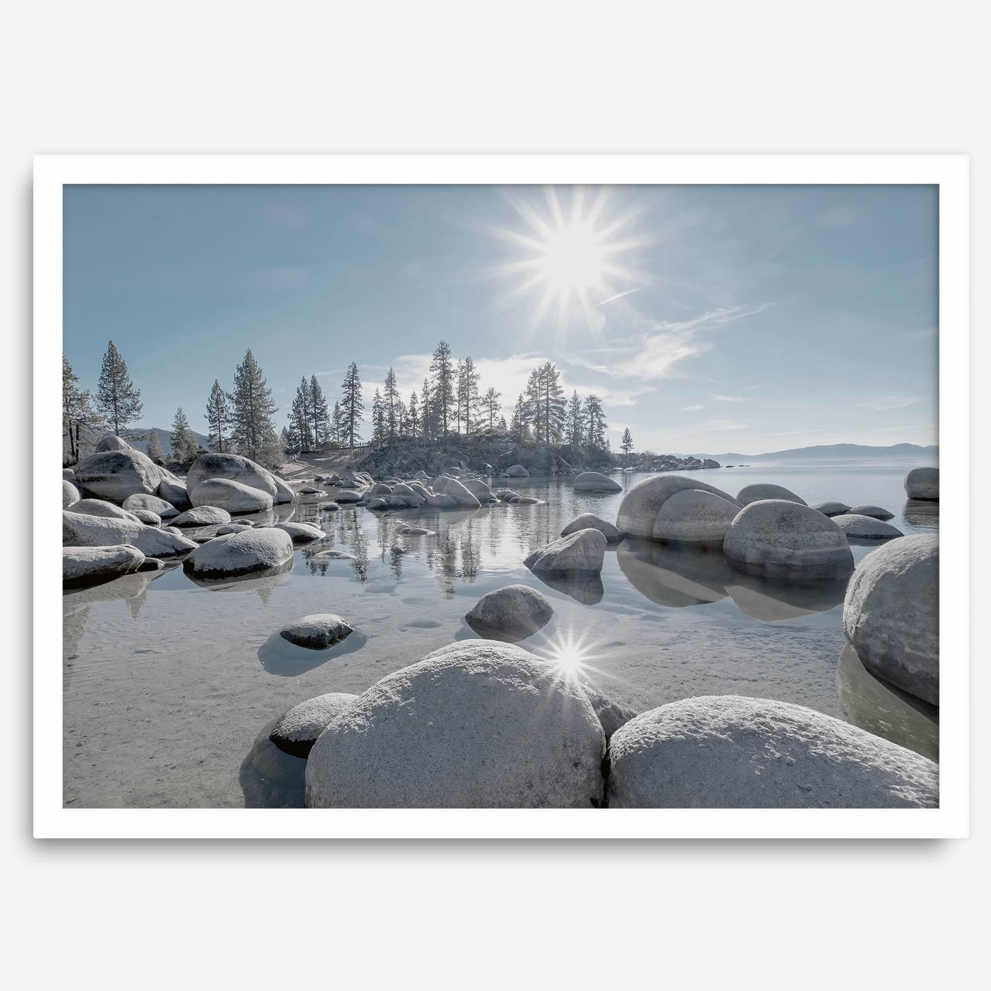 Lake Tahoe wall art featuring Sand Harbor’s boulders, pine trees, and water reflections at sunrise.