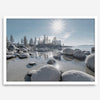Lake Tahoe wall art featuring Sand Harbor’s boulders, pine trees, and water reflections at sunrise.